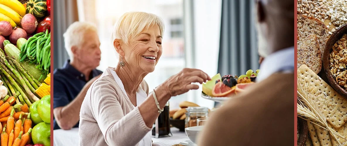 Senior woman selecting from fresh fruits and vegetables arranged on kitchen counter