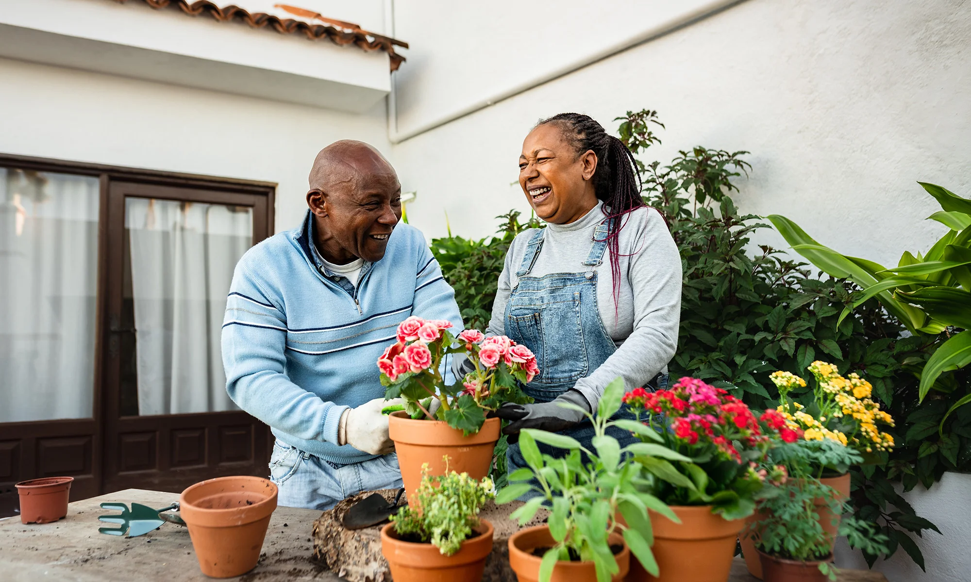 Senior couple gardening outdoors.